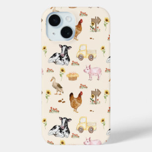 Funda Para iPhone 15 Escena de granja en acuarela con patrón continuo