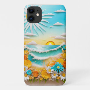Funda Para iPhone 11 Escena de manualidad en papel de olas del océano,