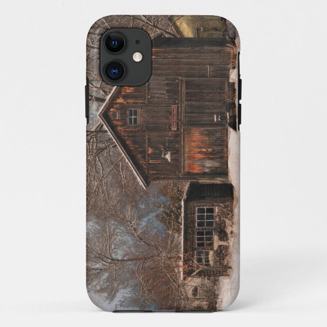 Funda De Case-Mate Para iPhone Escena De Nieve Rústica De Barn Y Cabaña (Reverso)