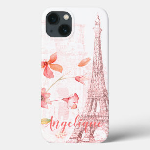 Funda Para iPhone 13 Escena de París y flores rosadas de encargo