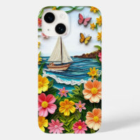 Escena natural con barco de vela con papel enrolla
