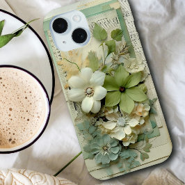 Funda Para iPhone 15 Escrapbook floral de bonito 3d en verde y blanco s