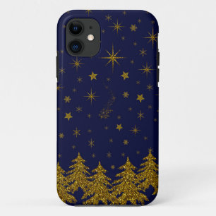 Funda Para iPhone 11 Espinoso árbol de Navidad de oro, estrellas, nieve