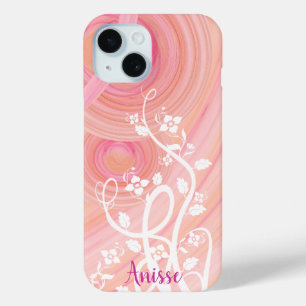 Funda Para iPhone 15 Espiral rosa y rosa, filigrana y flores
