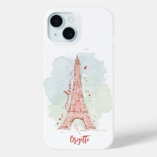 Funda Para iPhone 15 Esquema de acuarela Doodle Eiffel Torre Monogramad