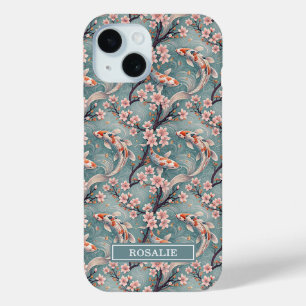 Funda Para iPhone 15 Estampa Monogramada de Pez Koi Sakura Japonesa