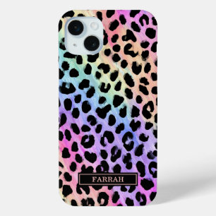 Funda Para iPhone 15 Mini Estampado de leopardo arcoíris pastel monogramado