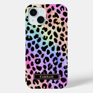Funda Para iPhone 15 Estampado de leopardo arcoíris pastel monogramado