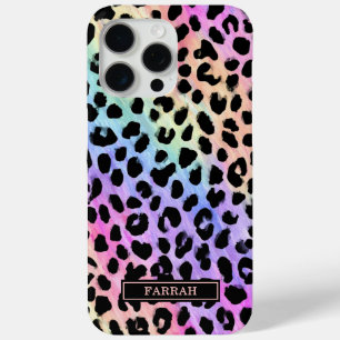 Funda Para iPhone 15 Pro Max Estampado de leopardo de arcoíris pastel monograma