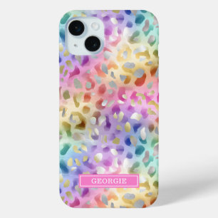 Funda Para iPhone 15 Mini Estampado de leopardo iridiscente pastel monograma