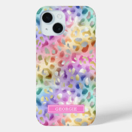 Funda Para iPhone 15 Estampado de leopardo iridiscente pastel monograma