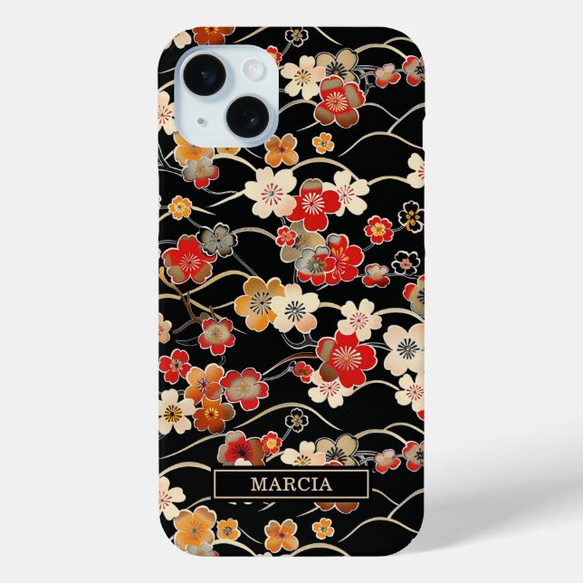 Funda De Case-Mate Para iPhone Estampado floral negro japonés monogramado (Reverso )