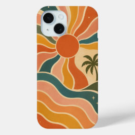 Funda Para iPhone 15 Estética de olas y palmeras al atardecer retro de 