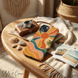 Funda Para iPhone 13 Mini Estética Retro Olas y Palmeras Puesta de Sol 70s