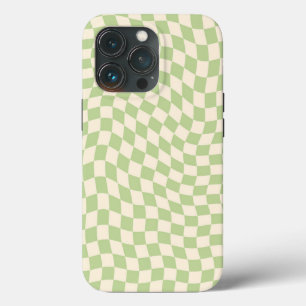 Funda Para iPhone 13 Pro Estético Wavy Warped Checker Sage Green