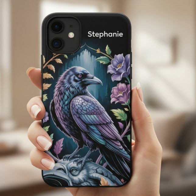 Funda De Case-Mate Para iPhone Estilo Académico Oscuro Floral Cuervo Gótico (Gothic floral raven phone case for the dark academia fan in your life)