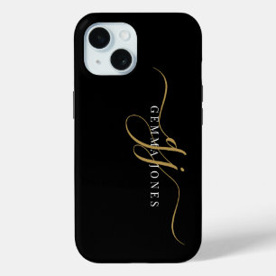 Funda Para iPhone 15 Estilo Script Monograma Iniciales Dorado Negro