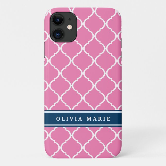 Funda De Case-Mate Para iPhone Estiloso De Trellis Rosado Patrón Naval Nameplate  (Reverso)