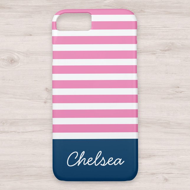 Funda De Case-Mate Para iPhone Estiloso nombre azul de franjas rosadas (Subido por el creador)
