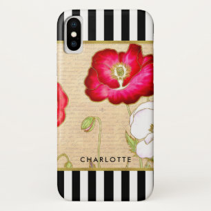 Funda Para iPhone X Estiloso Red Poppy Floral Black Stripes Con Nombre