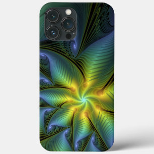 Funda Para iPhone 13 Pro Max Estrella abstracta, arte fractal dorado verde azul