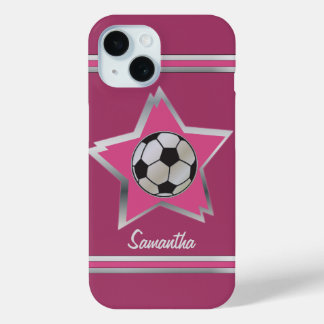 Funda Para iPhone 15 Estrella de fútbol de efecto rosa y plata
