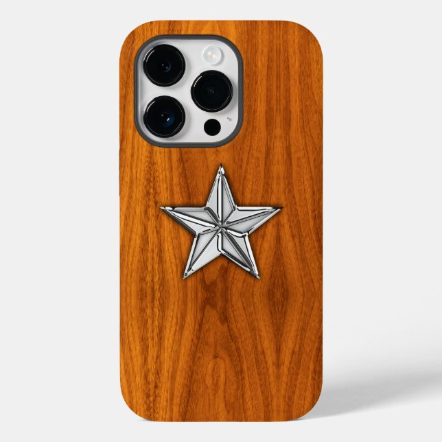 Funda De Case-Mate Para iPhone Estrella náutica cromada en la impresión de madera (Reverso )