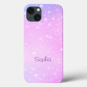 Funda Para iPhone 13 Estrellas blancas, ombre rosa y morado, nombre mor
