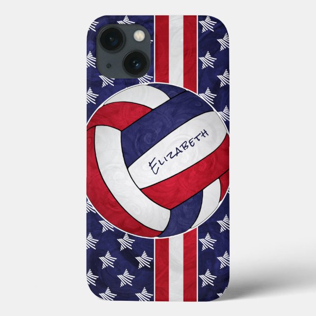 Funda De Case-Mate Para iPhone estrellas de color azul rojo rayas voleibol femeni (Reverso)