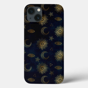 Funda Para iPhone 13 Estrellas de luna de oro azul celestial