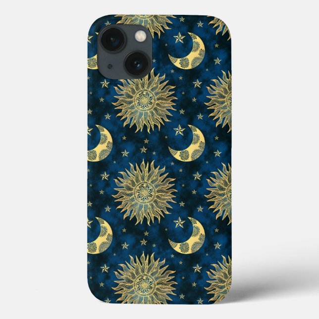 Funda De Case-Mate Para iPhone Estrellas de luna de sol celestial Tarot dorado az (Reverso)