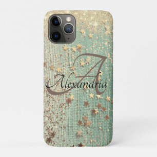Funda Para iPhone 11 Pro Estrellas de oro monograma sobre verde marino     