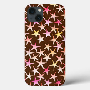 Funda Para iPhone 13 Estrellas de raso, rosadas sobre chocolate