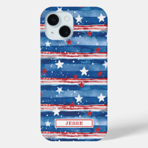 Funda Para iPhone 15 Estrellas Patrióticas y Monograma de Barras