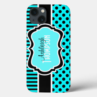 Funda Para iPhone 13 Estuche Aqua Black White Striped Polka Dots iPad A