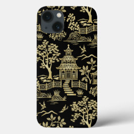 Funda Para iPhone 13 Estuche Chinoiserie Pagoda Black and Gold para iPh