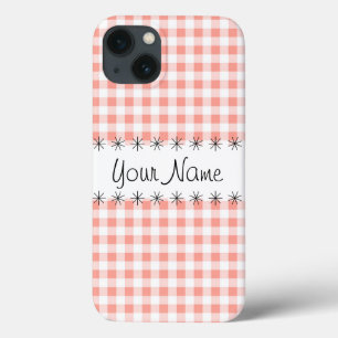 Funda Para iPhone 13 Estuche Coral Gingham Check 'Name' iPad