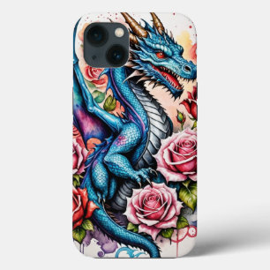 Funda Para iPhone 13 Estuche de teléfono estiloso Blue Dragon con Rosa 