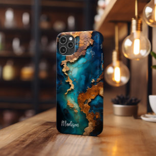 Funda Para iPhone 13 Pro Estuche de teléfono, resina azul, madera oscura de