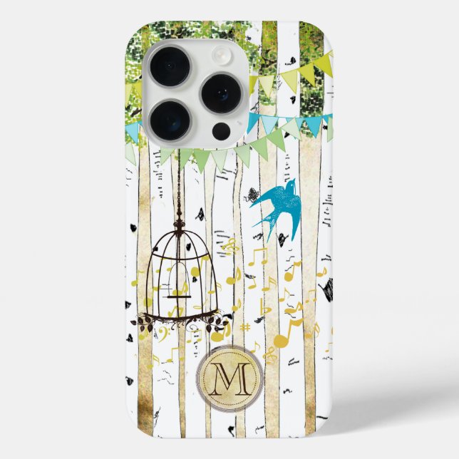 Funda De Case-Mate Para iPhone Estuche Monograma Birdcage Cute Bird Birch Tree pa (Reverso )
