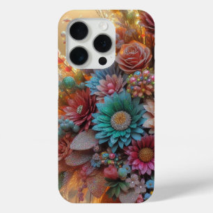 Funda Para iPhone 15 Pro Estuche para iPhone de flores de purpurina