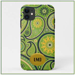 Funda Para iPhone 11 Estuche para iPhone Retro Green y Yellow Paisley D