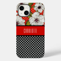 Estuche para teléfono con flores rojas y negras