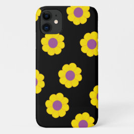 Funda Para iPhone 11 Estuche para teléfono negro con flores amarillas D