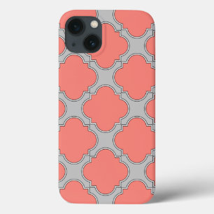 iPhone 13 Estuche Quatrefoil coral y Funda gris-Mate para iP