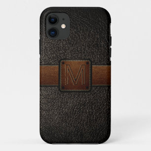 Funda Para iPhone 11 Etiqueta marrón de cuero negro