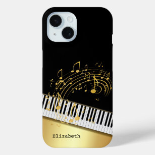 Funda Para iPhone 15 ETrendy Black Gold Music Notes,Piano Keys