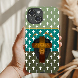 Funda Para iPhone 15 Faith Olive Green Turquoise Cross Lion of Judah