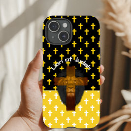Funda Para iPhone 15 Faith Yellow Black White Cross Lion of Judah 