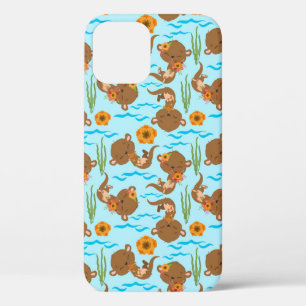 Funda Para iPhone 12 Familia de Nutrias Flores Naranjas Floral Animal A